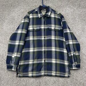 LL Bean Flannel Shirt Jacket Mens L Blue Green Plaid Fleece Lined Shacket 298189